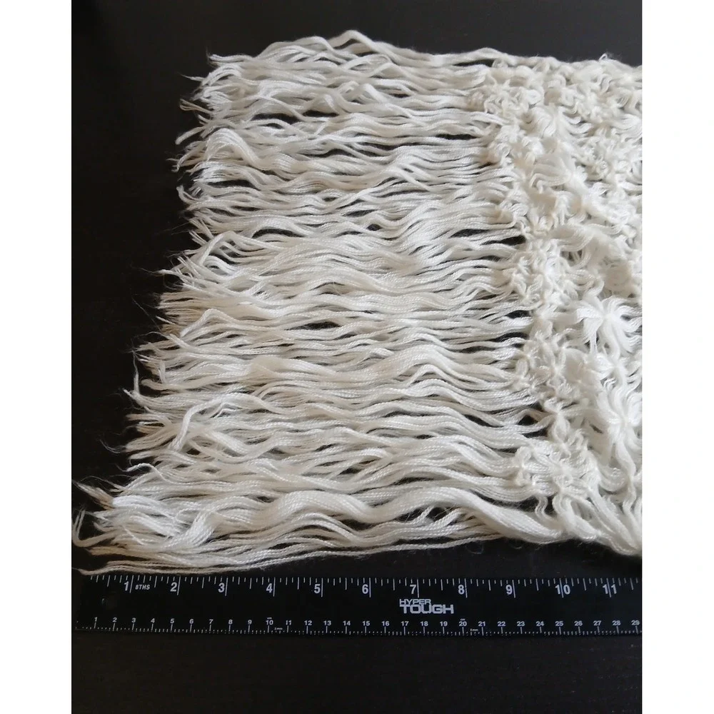 Vintage Crochet Long 64'Scarf Cream Handmade Open Weave Boho Fringe 17' Wid#496C